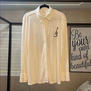 Understated Leather White Button-Up Shirt with Guitar Embroidery